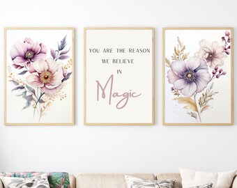 Floral Nursery Digital Prints Decor Art Set Baby Girl Modern Nursery Printable Personalized Nursery Illustrations Quote Prints - Set of 3