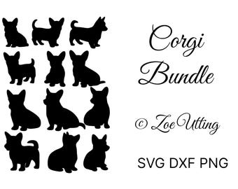 Op de afbeelding: Een verzameling zwarte corgi-silhouetten in verschillende poses. De afbeelding bevat de tekst "Corgi Bundle" en "© Zoe Utting" samen met "SVG DXF PNG". De corgi's worden in verschillende houdingen afgebeeld.