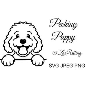 Pode incluir: Ilustração a preto e branco de um cachorrinho sorrindo espreitando por cima de uma linha. O texto "Peeking Puppy" está acima do cachorrinho, com "© Zoe Utting" e "SVG JPEG PNG" abaixo.