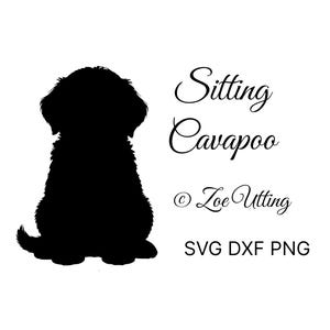 May include: A black silhouette of a sitting Cavapoo dog. The image includes the text "Sitting Cavapoo" and "© Zoe Utting" in elegant script, along with "SVG DXF PNG" below. The dog's fur is detailed.