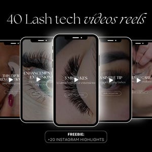 Può includere: Un collage di cinque schermate di telefono che mostrano anteprime video per le tecniche di extension ciglia. Ogni schermo presenta un primo piano di un occhio con ciglia e testo che recita "Questo consiglio rivoluzionerà la tua applicazione di ciglia", "Extension di miglioramento? L'extension che non ti aspettavi mai", "5 errori da evitare con le tue extension", "Un consiglio semplice per applicare le ciglia" e "Cura delle ciglia: Prodotti". Il testo "40 Lash tech videos reels" appare nella parte superiore dell'immagine. Il testo "FREEBIE: +20 INSTAGRAM HIGHLIGHTS" appare nella parte inferiore dell'immagine.