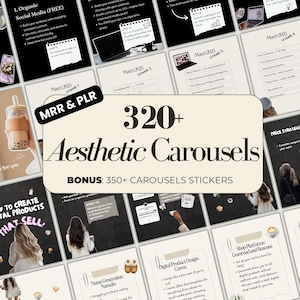Puede incluir: Producto digital "320+ Carruseles Estéticos" y "Bonus: 350+ Pegatinas Carruseles". Incluye plantillas para redes sociales, diseño de productos digitales y plataformas de tiendas. Fondo en blanco y negro.