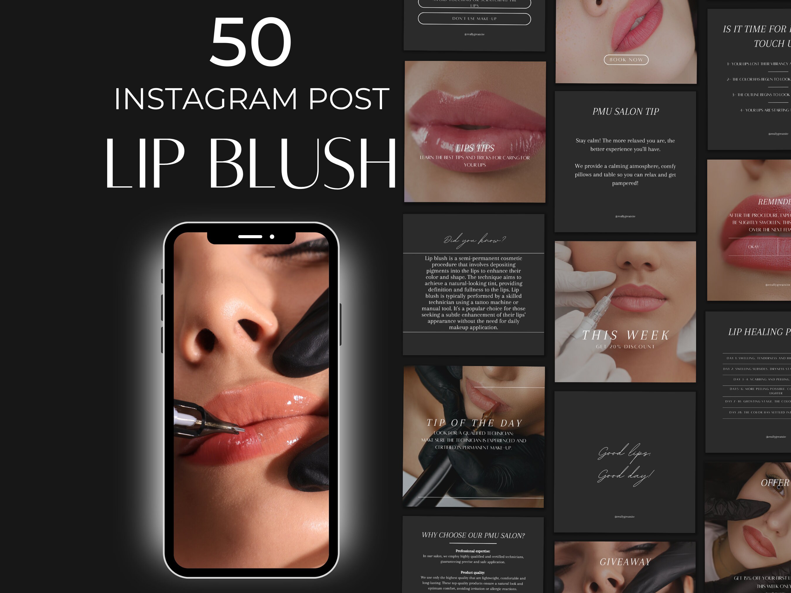 PMU Lip Blush Instagram Post Templates: Canva Editable (50 Post)
