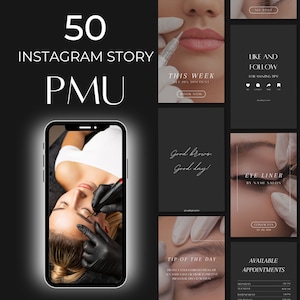 Könnte beinhalten: Eine Collage von Instagram-Story-Grafiken für ein Permanent-Make-up-Unternehmen. Die Grafiken zeigen Bilder eines Frauen Gesichts mit aufgetragenem Permanent Make-up, sowie Text wie "Good brows, Good day!" und "Eye Liner by [Name] Salon".