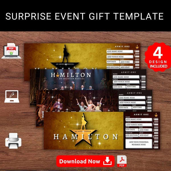 Editable HAMILTON Surprise Broadway Reveal Event Gift Template. Hamilton Broadway Musical Keepsake Faux Reveal Ticket Gift. Printable Pdf .