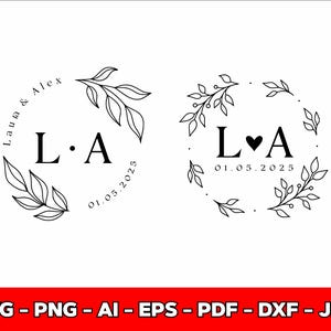 May include: Two black and white wedding monogram designs. One features the initials "L A" with the date "01.05.2025" and the names "Laura & Alex". The other design has the initials "L &hearts; A" with the date "01.05.2025".