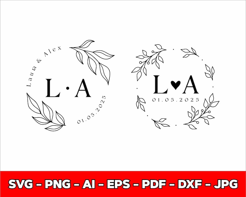 May include: Two black and white wedding monogram designs. One features the initials "L A" with the date "01.05.2025" and the names "Laura & Alex". The other design has the initials "L &hearts; A" with the date "01.05.2025".