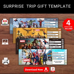 Bearbeitbare MARVEL STUDIOS Surprise Trip Reveal Geschenkvorlage. Marvel Studios Andenken Faux Souvenir Reiseticket. Event Stub. Druckbares Pdf.