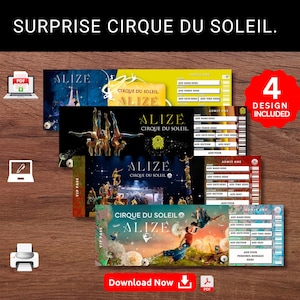 Puede incluir: Se muestran cuatro diseños de entradas de Cirque du Soleil Alize sobre una superficie de madera. Las entradas presentan el logotipo de Alize y la marca Cirque du Soleil. Las entradas tienen espacio para agregar el lugar, la fecha, la hora y la información del asiento.