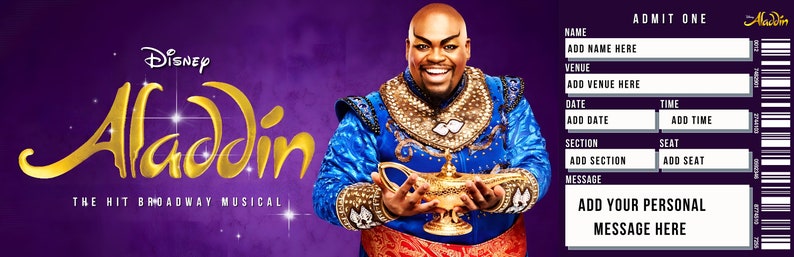 Editable Disney Aladdin Broadway Souvenir Ticket, Surprise Event Reveal ...