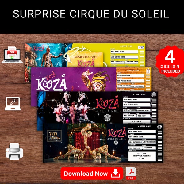 Editable KOOZA CIRQUE Du Soleil Surprise Reveal Gift Template. Kooza Cirque Du Soleil Keepsake Faux Souvenir Gift Ticket. Printable Pdf File