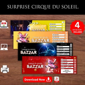 Editable BAZZAR CIRQUE Du Soleil Surprise Reveal Gift Template. Bazzar Cirque Show Keepsake Faux Gift Ticket. Event Stub. Printable Pdf.