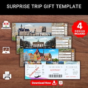 Editable GERMANY Surprise Reveal Trip Gift Template. Keepsake Faux Souviner Trip Ticket. Boarding Pass. Airlines Ticket. Printable Pdf File.