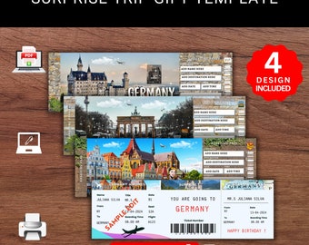 Editable GERMANY Surprise Reveal Trip Gift Template. Keepsake Faux Souviner Trip Ticket. Boarding Pass. Airlines Ticket. Printable Pdf File.