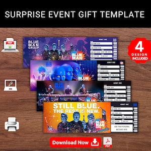 Bearbeitbare BLUE MAN GRUPPE Surprise Reveal Event Geschenkvorlage. Blue Man Group Boadway Show Andenken Faux Souviner Ticket. Druckbare Pdf Datei.