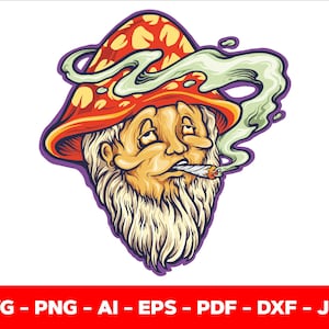 Könnte beinhalten: Cartoon-Illustration eines bärtigen Mannes mit einem pilzförmigen Hut, der eine Zigarette raucht. Der Hut ist rot mit gelben Punkten, und der Mann hat einen langen weißen Bart. Grüner Rauch kringelt sich um seinen Kopf. Der untere Teil des Bildes enthält den Text "SVG - PNG - AI - EPS - PDF - DXF - JPG".