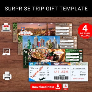 Editable LAS VEGAS Surprise Trip Gift Template. Vegas Reveal Keepsake Faux Souvenir Trip Boarding Pass- Airlines Ticket Gift. Printable Pdf.