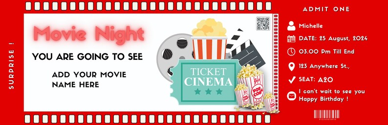 Printable MOVIE NIGHT Surprise Tickets Gift Template . Cinema Themed ...