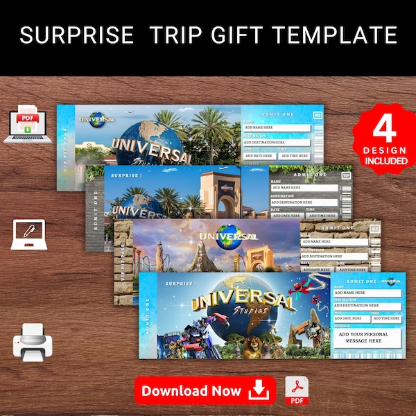 Bewerkbare UNIVERSAL STUDIOS Surprise Reveal Trip Gift-sjabloon. Universal Studios Keepsake Faux Souviner-reisticket. Afdrukbare en bewerkbare pdf