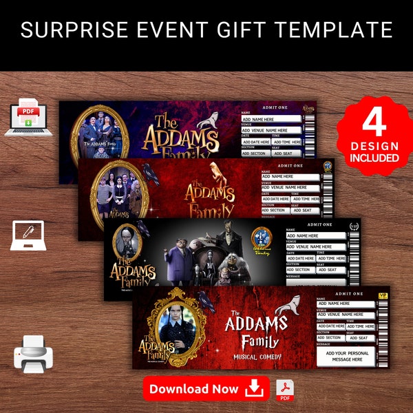 Editable The ADDAMS FAMILY Concert  Surprise Event Reveal Gift Template. Musical Keepsake Faux  Gift Ticket. Event Stub. Printable Pdf File