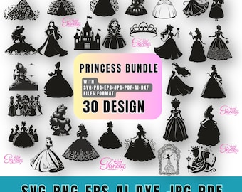 Princess SVG-PNG Bundle, Customizable  Gift, Vector Princesses (Digital Download)