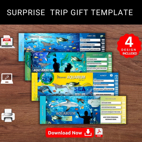 Editable AQUARIUM Surprise Reveal SEA-LIFE Trip Gift Template. Discover Aquarium Sea Life Keepsake Faux Souvenir Trip Ticket. Printable Pdf.