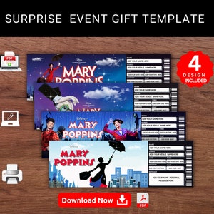 Bearbeitbare Disney MARY POPPINS Überraschungsgeschenkvorlage. Mary Poppins Broadway Andenken. Event Stub.Printable Pdf.