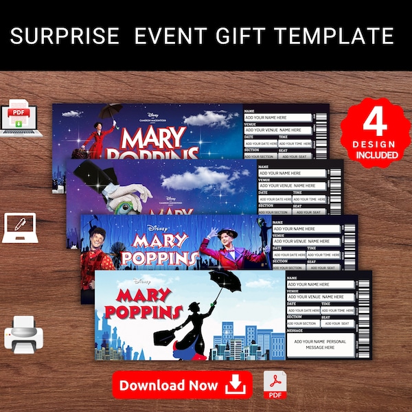 Editable Disney MARY POPPINS Surprise Reveal Event Gift Template. Mary Poppins Broadway Keepsake Faux Gift Ticket. Event Stub.Printable Pdf.