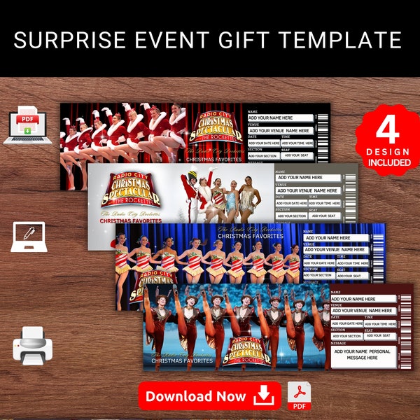 Editable CHRISTMAS SPECTACULAR Surprise Gift Template. Radio City-The Rockettes Broadway Keepsake Faux Event Gift Ticket. Printable Pdf File