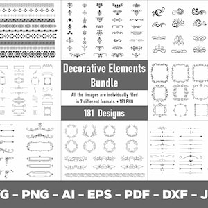 Puede incluir: Una colección de elementos de diseño decorativos en blanco y negro, que incluyen bordes, marcos, adornos y coronas. La imagen incluye el texto "Decorative Elements Bundle" y "181 Designs", junto con opciones de formato de archivo.