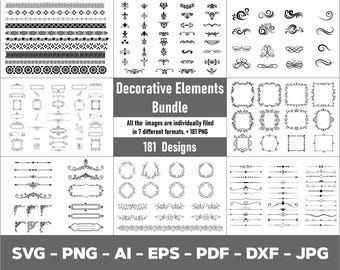 181 Vintage Decorative Elements SVG Bundle: Bohemian Ornaments, Borders (Digital Download)