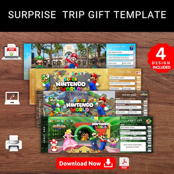 Editable HOLLYWOOD UNIVERSAL Studios Surprise Reveal Trip Gift Template. Super Nintendo World Keepsake Faux Trip Gift Ticket. Printable Pdf