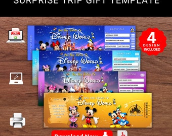 Plantilla editable de regalo para viaje sorpresa al PARQUE TEMÁTICO de Disney World. Boleto de regalo de viaje de recuerdo falso de Disney World Reveal. Pdf imprimible.