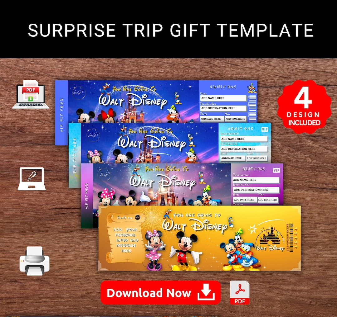 Editable WALT DISNEY Theme Park Surprise Trip Gift Template. Walt ...