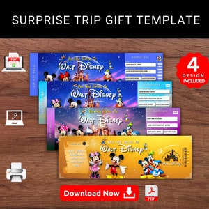 Editable WALT DISNEY- Theme Park  Surprise Trip Gift Template. Walt Disney Reveal  Keepsake Faux Souvenir Trip Gift Ticket. Printable  Pdf