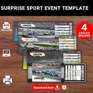 Bearbeitbare Nassar-Überraschungs-Autorennen-Geschenkvorlage. Nascar Andenken Faux Souviner Geschenkkarte. Sport Event Stub. Druckbare Pdf Datei.