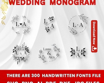 Może przedstawiać: Czarno-białe projekty monogramów ślubnych z inicjałami i datami, otoczone elementami kwiatowymi. Obraz zawiera tekst "WEDDING MONOGRAM" oraz "THERE ARE 300 HANDWRITTEN FONTS FILE SVG-PNG-AI-PDF-DXF-JPG FILES."