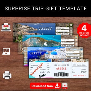 Modèle modifiable de cadeau de voyage surprise en GRÈCE. Faux souvenir de carte d'embarquement - Cadeau billet d'avion. PDF imprimable et modifiable.
