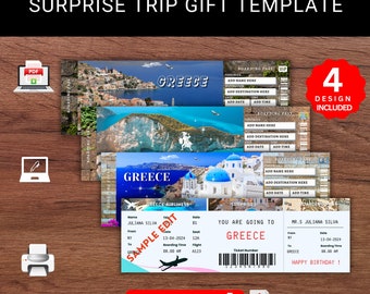 Editable Greece Trip Boarding Pass - Surprise Gift Ticket (PDF)