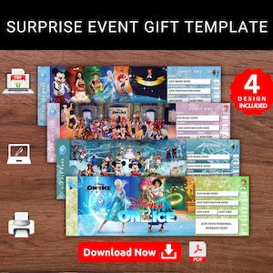 Bearbeitbare Disney ON-ICE SHOW Surprise Event Reveal Geschenkvorlage. Andenken Faux Disney On Ice Show Ereignis Souvenir Geschenkkarte. Druckbares Pdf