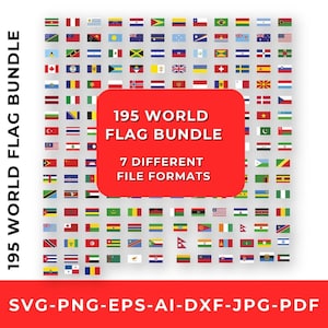 Puede incluir: Una colección digital de 195 banderas del mundo dispuestas en una cuadrícula, con una superposición rectangular roja central con texto blanco 195 WORLD FLAG BUNDLE 7 DIFFERENT FILE FORMATS y texto inferior SVG-PNG-EPS-AI-DXF-JPG-PDF.
