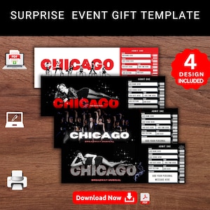 Bearbeitbare CHICAGO Surprise Reveal Event Geschenkvorlage. Chicago Chicago Andenken Faux Souviner Musical Ticket Geschenk. Event Stub. Druckbares Pdf