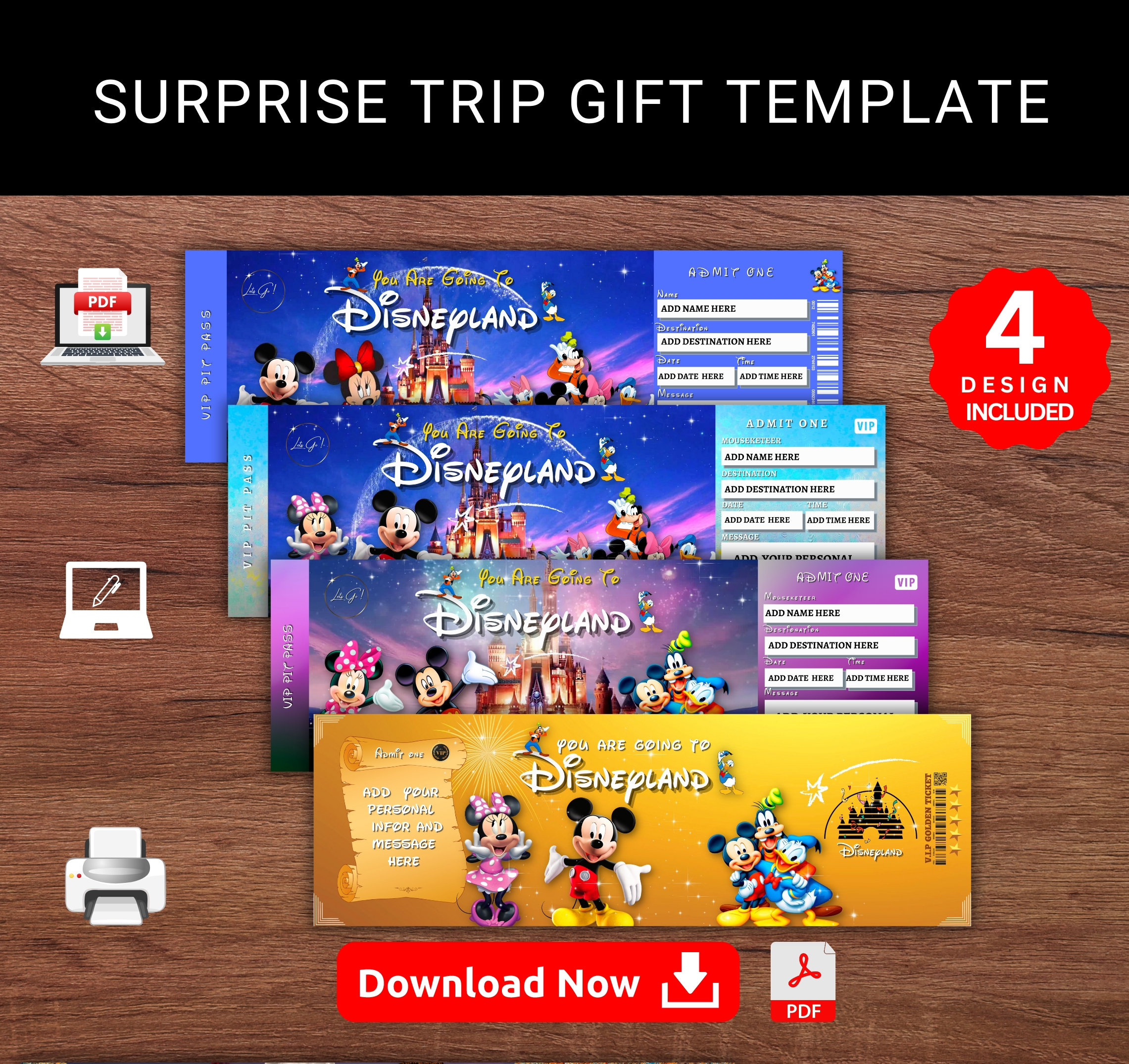 Editable DISNEYLAND THEME PARK Surprise Reveal Trip Gift Template ...