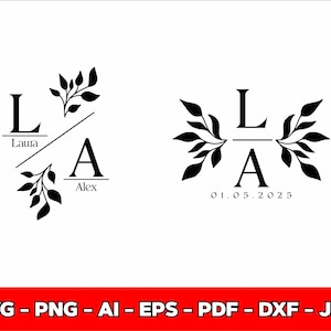 May include: Black and white monogram designs featuring the letters "L" and "A" with floral accents. One design includes the names "Laura" and "Alex", while the other displays the date "01.05.2025". The bottom banner displays file type options.