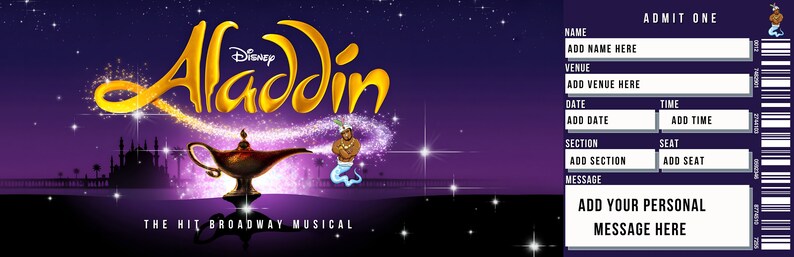 Editable Disney Aladdin Broadway Souvenir Ticket, Surprise Event Reveal ...