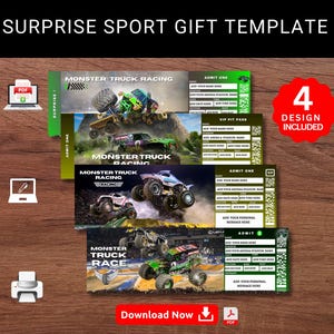 Customizable Editable  MONSTER TRUCKS Race Surprise Trip Tickets, Monster Truck Show , Keepsake Faux Ticket Template ,Printable Pdf files