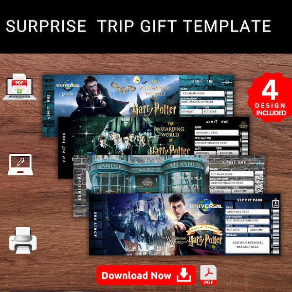 Editable UNIVERSAL STUDIOS-The Wizarding World Surprise Trip Gift Template. The Wizarding World-Keepsake Faux Universal Studios Ticket. Pdf