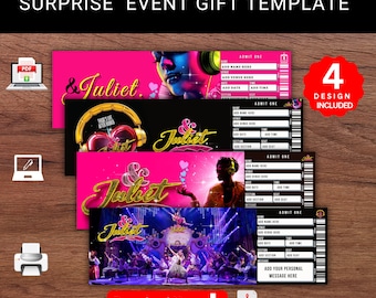 Bearbeitbare Geschenkvorlage für die Überraschungsparty von „&JULIET“. Erinnerungsstück in Form einer Eintrittskarte zum Broadway-Musical „&JULIET“. Veranstaltungsabschnitt. Druckbare PDF-Datei.