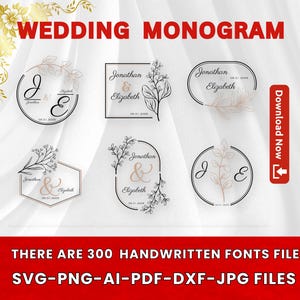May include: A graphic featuring wedding monograms in various shapes, including circles, ovals, and rectangles. Each design incorporates the names "Jonathan & Elizabeth" and the date "05.01.2025", along with floral elements. The text "WEDDING MONOGRAM" is at the top.