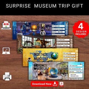 Plantilla editable de regalo sorpresa para el Museo de Ciencias. Boleto de viaje de recuerdo falso para el Museo de Ciencias. PDF imprimible.